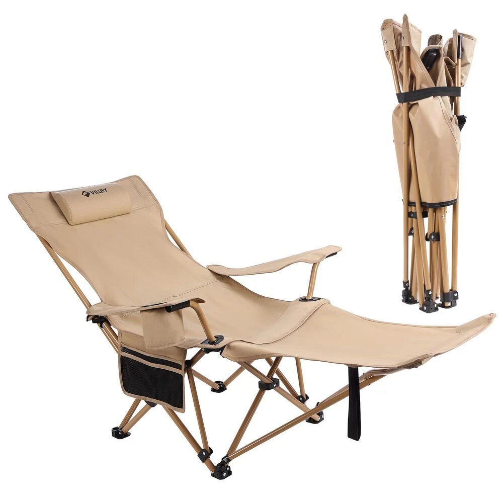 Villey Foldable Reclining Camp Lounge Chair Footrest Headrest Bag