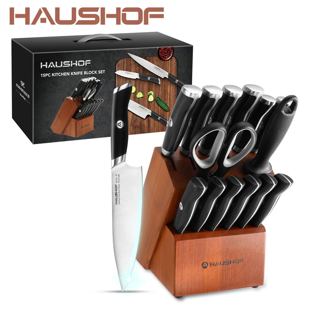 Haushof Kitchen Knife Set Stainless Steel Knife Sets W/ Sharpener Rod