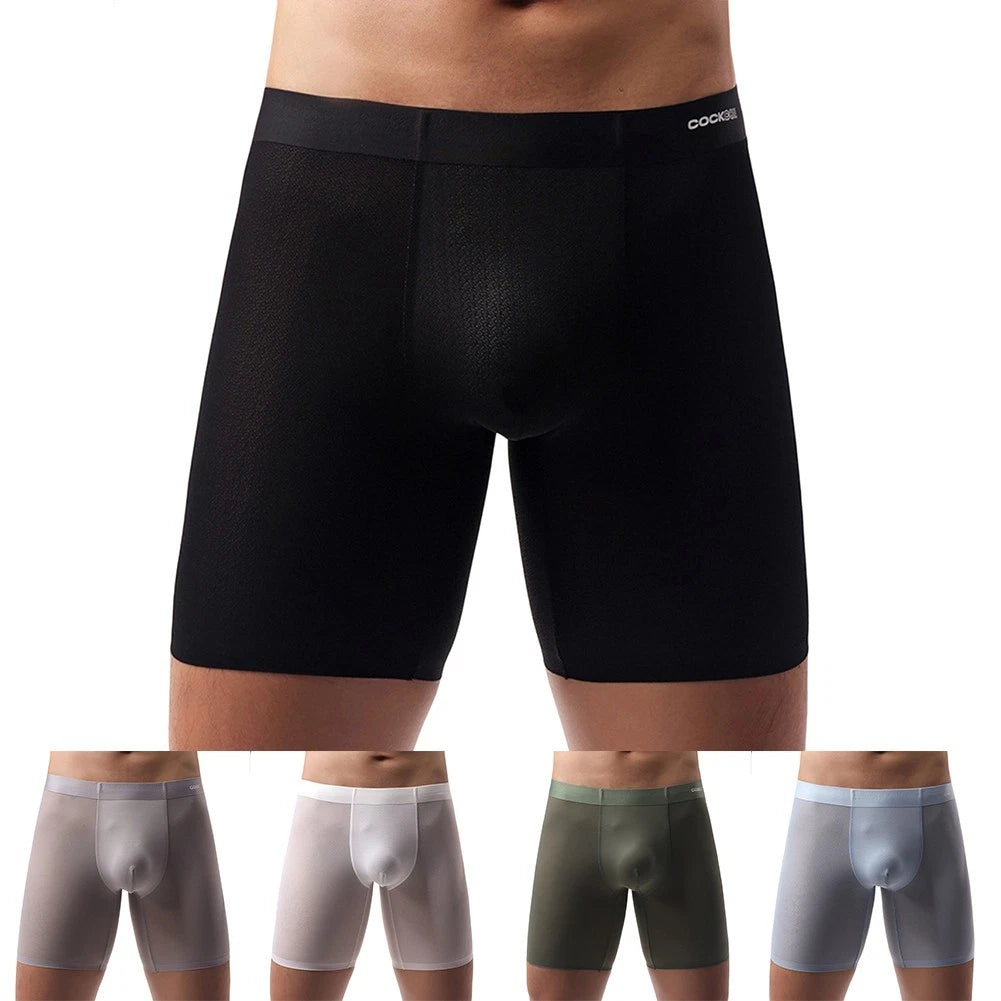Men Long Leg Boxers Sports Underwear With U Convex Pouch Translucent