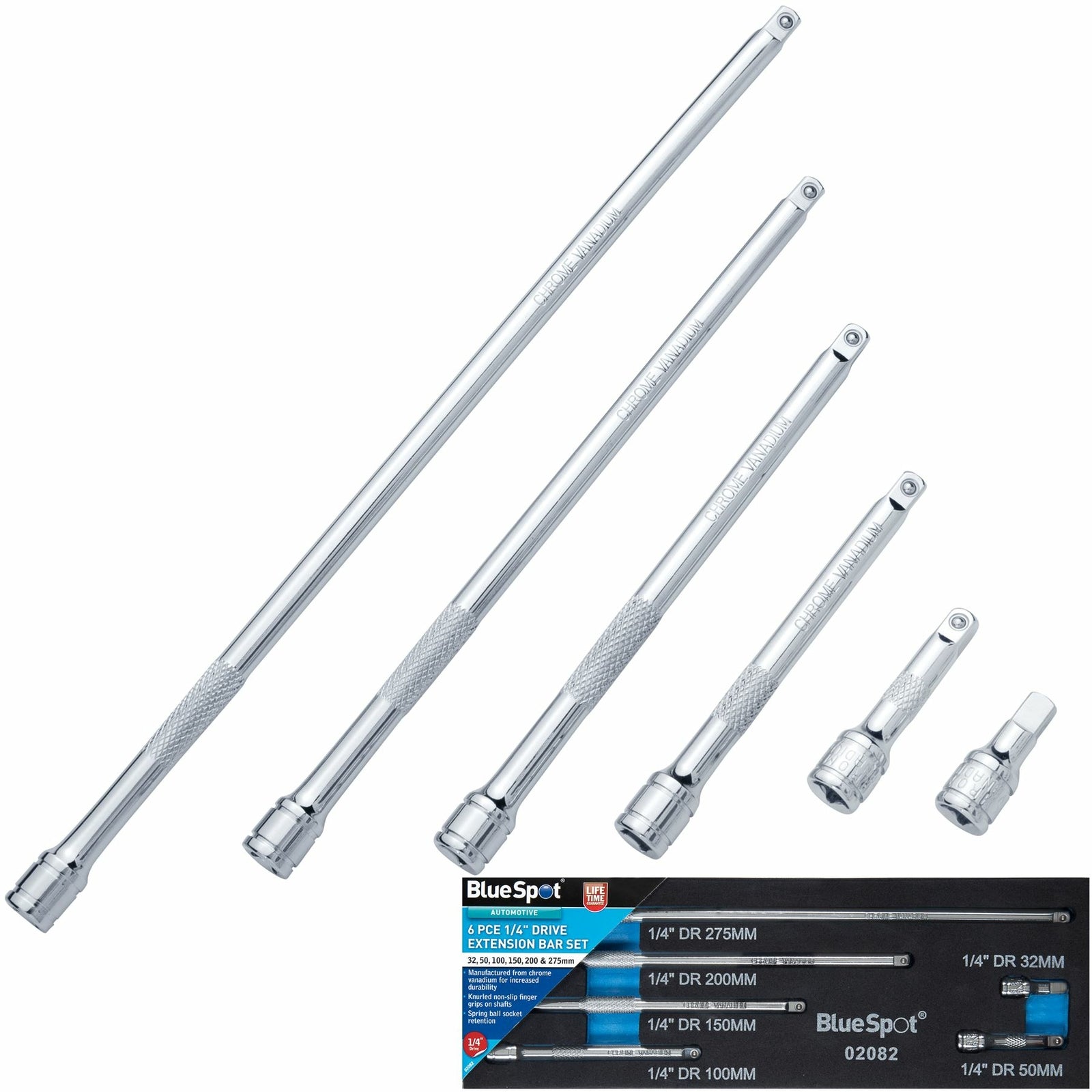 Bluespot 1/4" Drive Socket Extension Bar Set 32 50 100 150 200 275mm