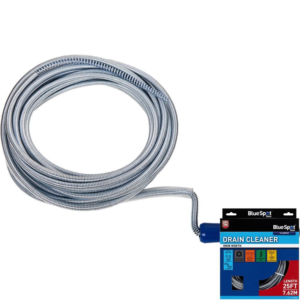 Bluespot 25ft Drain Waste Pipe Sink Cleaner Unblocker Spring Rod Toilet Plug Ope