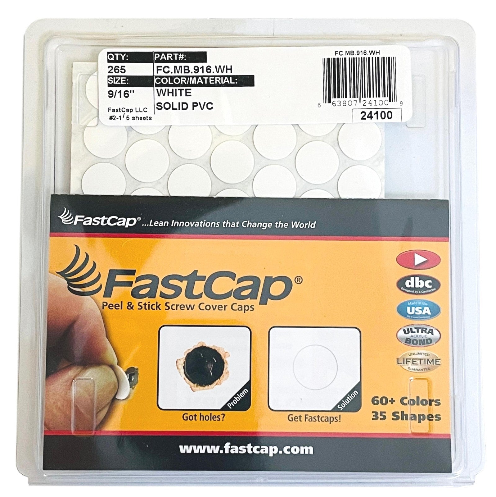 Fastcap Peel & Stick White Screw Cover Caps Pvc 14MM (9/16") X 265