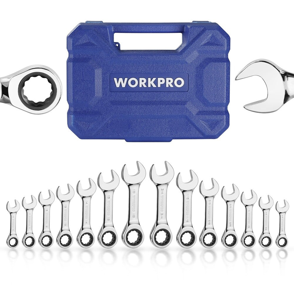 WORKPRO 14PC Ratcheting Combination Stubby Wrench Set SAE 3/8-3/4