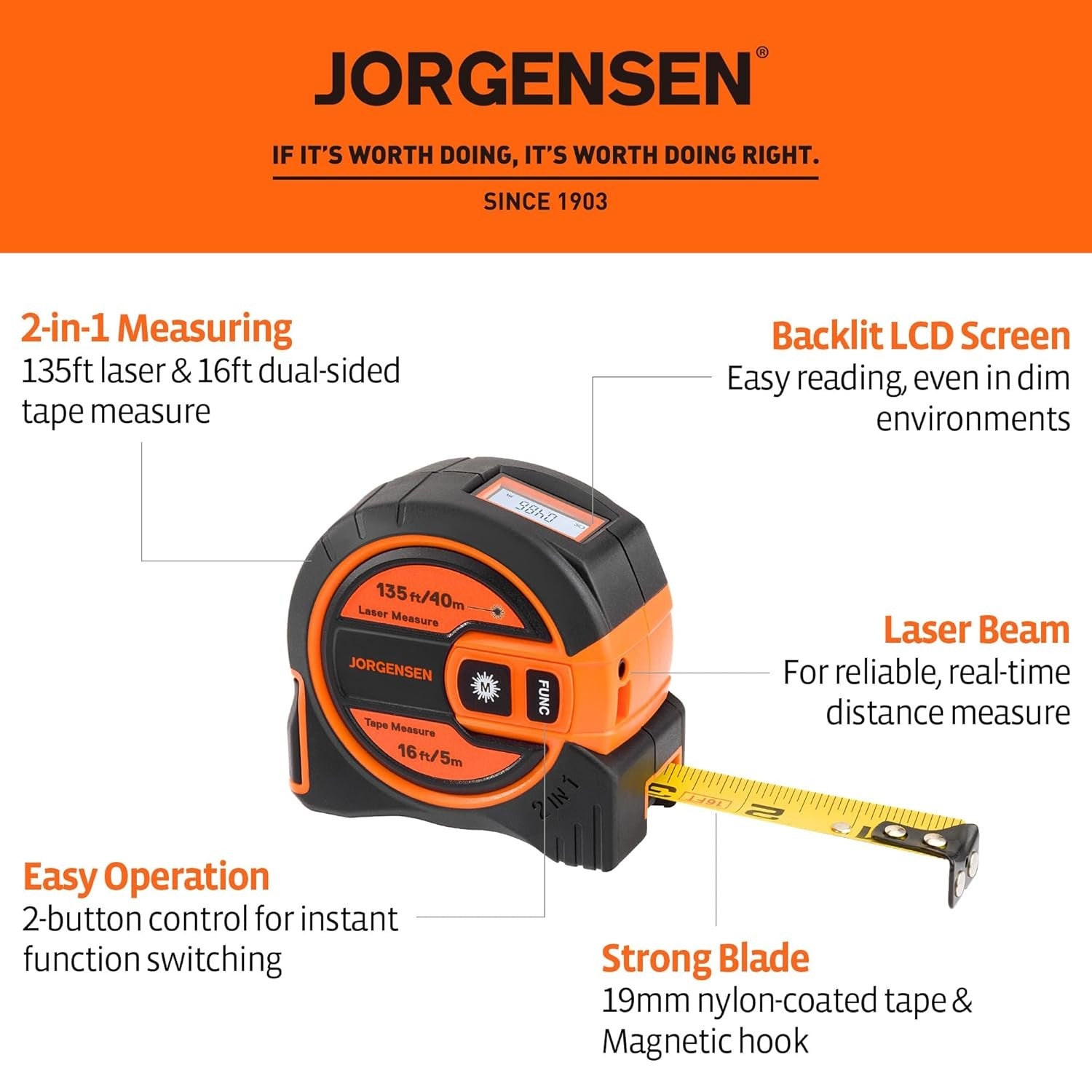 JORGENSEN 2-in-1 Laser Tape Measure by JORGENSEN