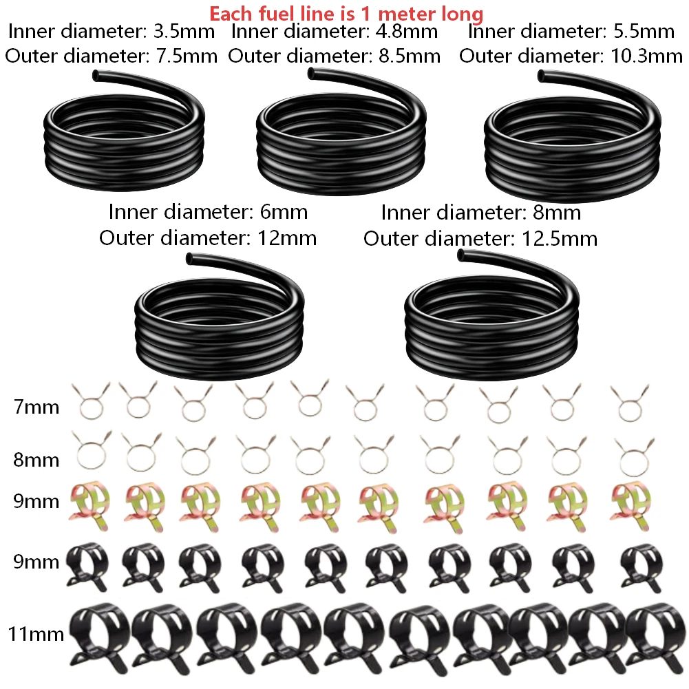 1m Black Fuel Hose With 50 Clamps For Motorcycles Tractors Lawn Mowers