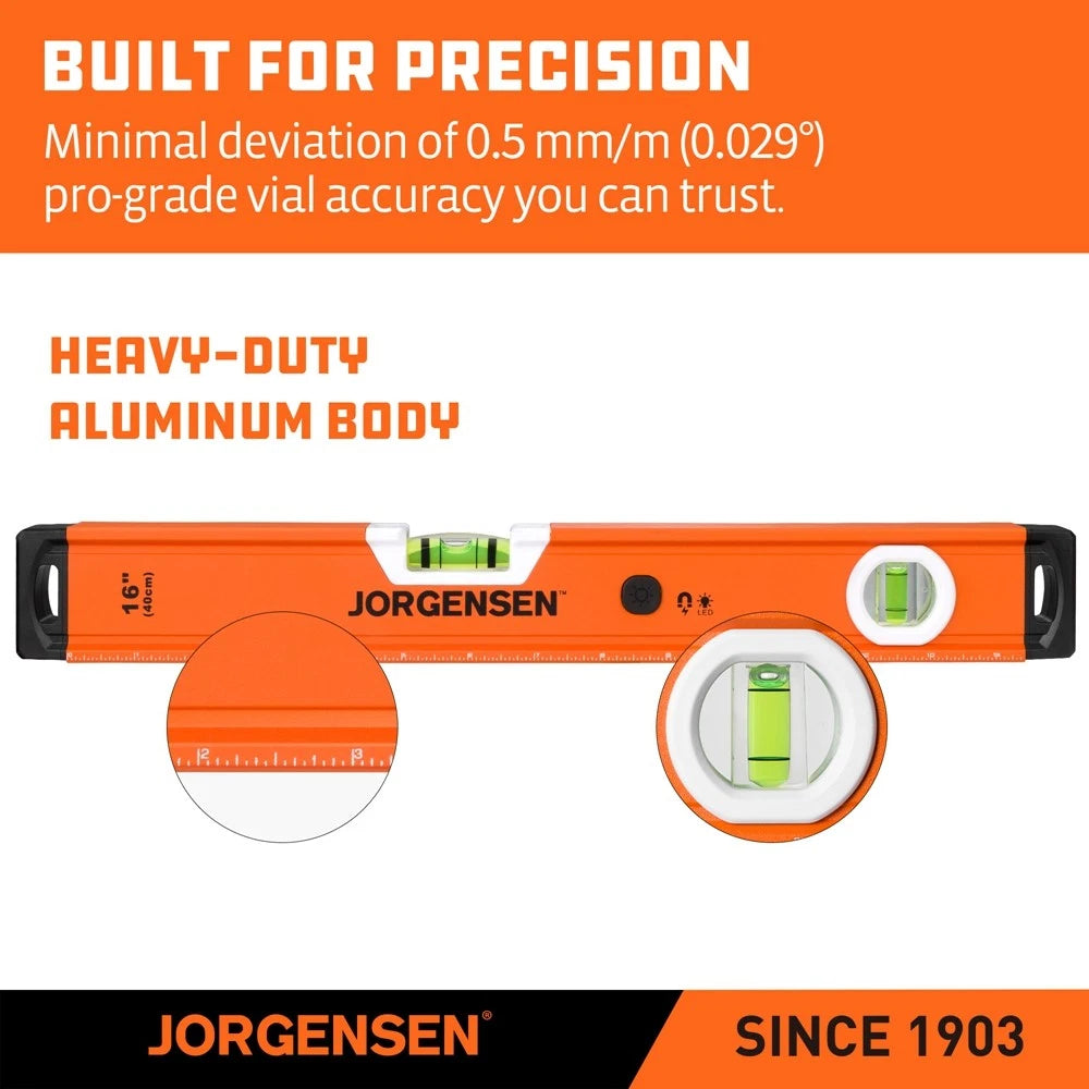 JORGENSEN 16" Magnetic Torpedo Level Light Up Spirit Level 90°/180° Bubble Vials