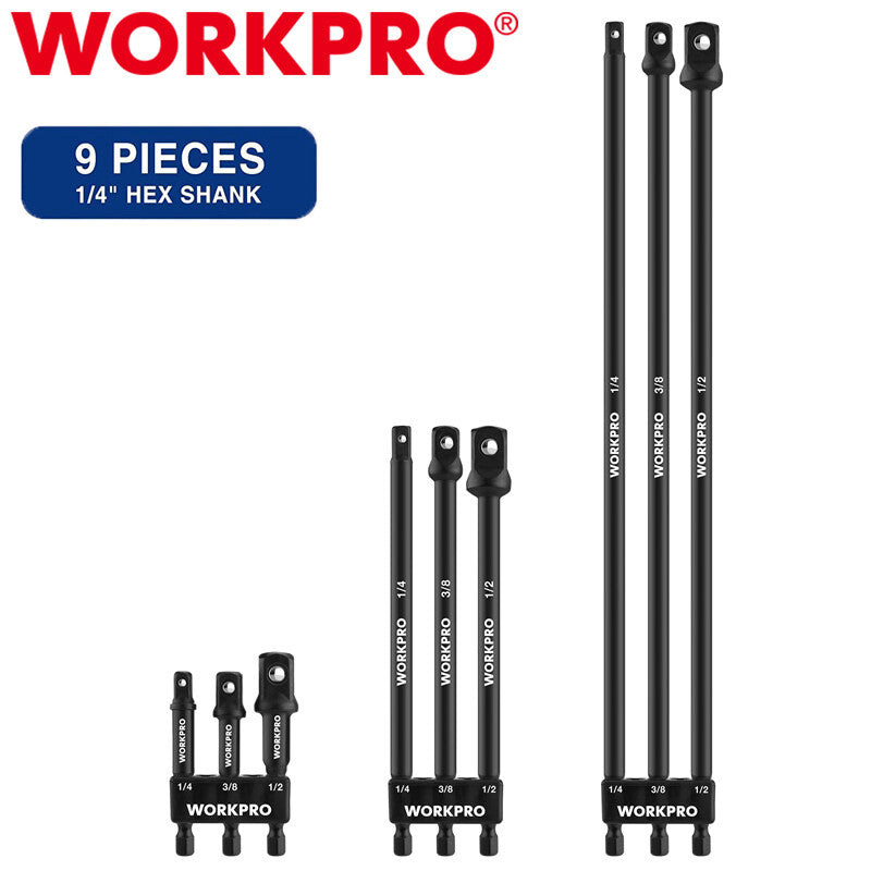 WORKPRO 9PC Socket Adapter Extension Set 1/4 3/8 1/2" Drive Impact