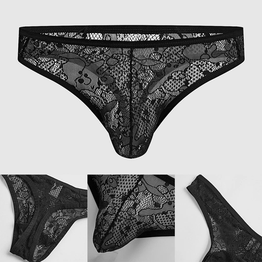 Men Underwear Lace Jacquard Breathable Hollow Low Waist Briefs Black