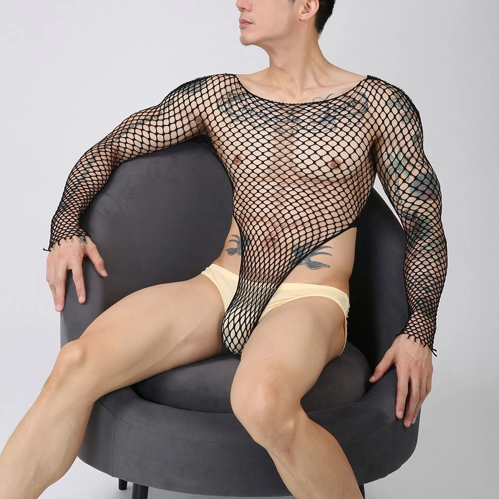 Mesh Fishnet Transparent Bodysuit Underwear Men Crossdresser With