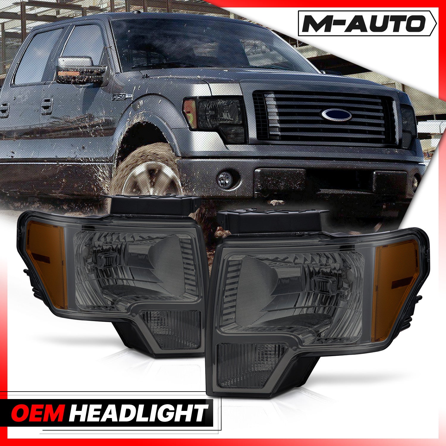 Smoked Amber Headlight Lamps Pair for F150