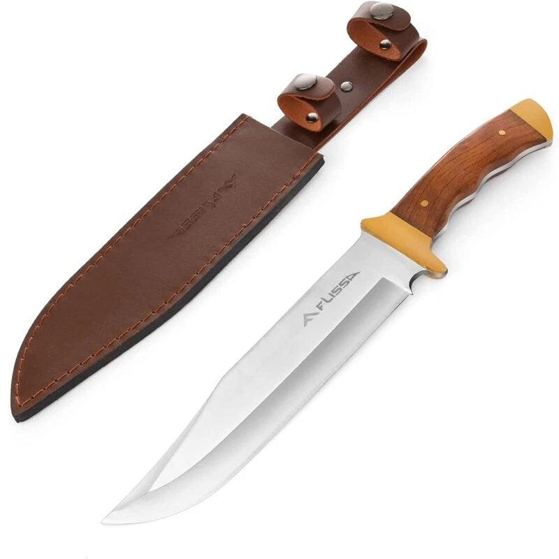 Flissa 14" Bowie Hunting Knife Full-tang Fixed Blade Wood Handle