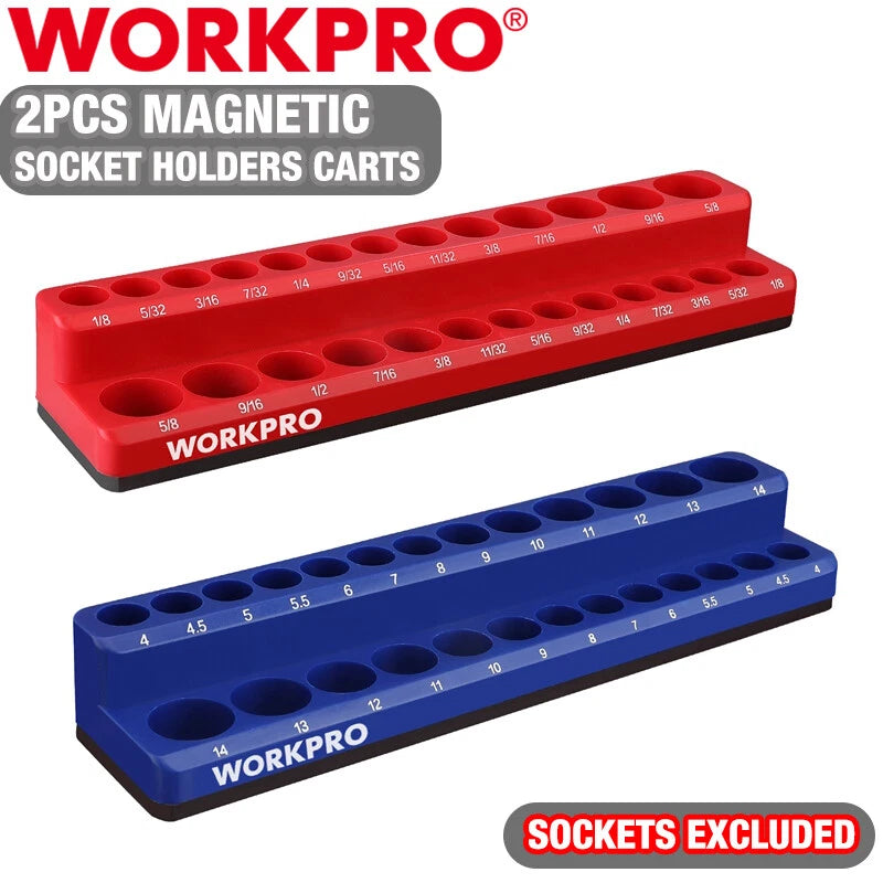 WORKPRO 1/4" Magnetic SAE Metric Socket Organizer Set Socket Cart Holder Set 2PC