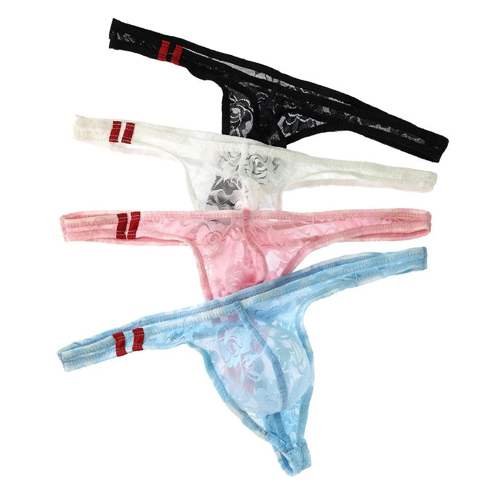Mens Low Rise Flower Lace Underwear Pouch Thong Stretch Breathable G
