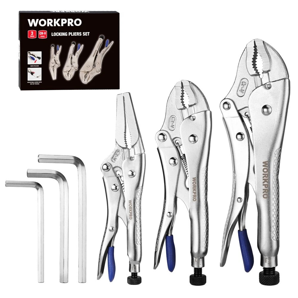 WORKPRO 3PCS Locking Plier Set 7" 10" Curved Jaw Locking 6.5" Long Nose Hex Keys