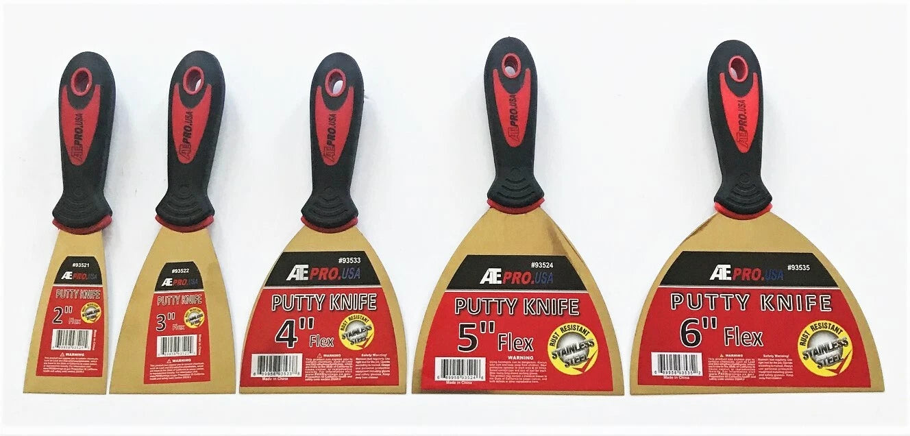 5 Assorted Ate Pro Flexible Stainless Steel Putty Knife Knives