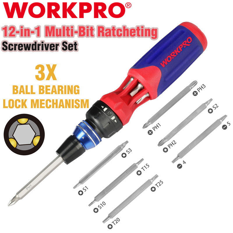 WORKPRO 12-in-1 Ratcheting Multi-Bit Screwdriver Set w/Double End Bits