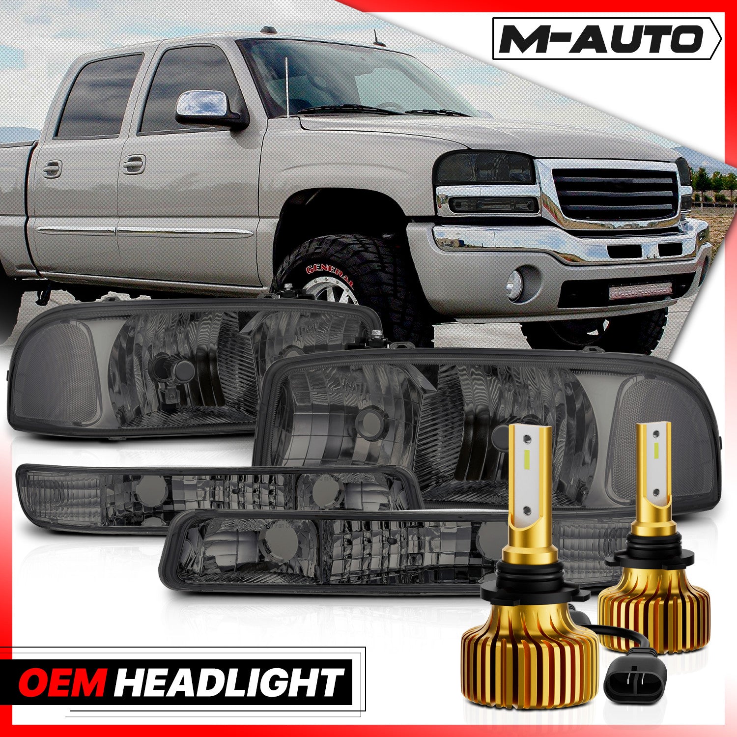 4PCS L+R Smoke Headlight+Bumper w/6500K LED Bulbs for 9