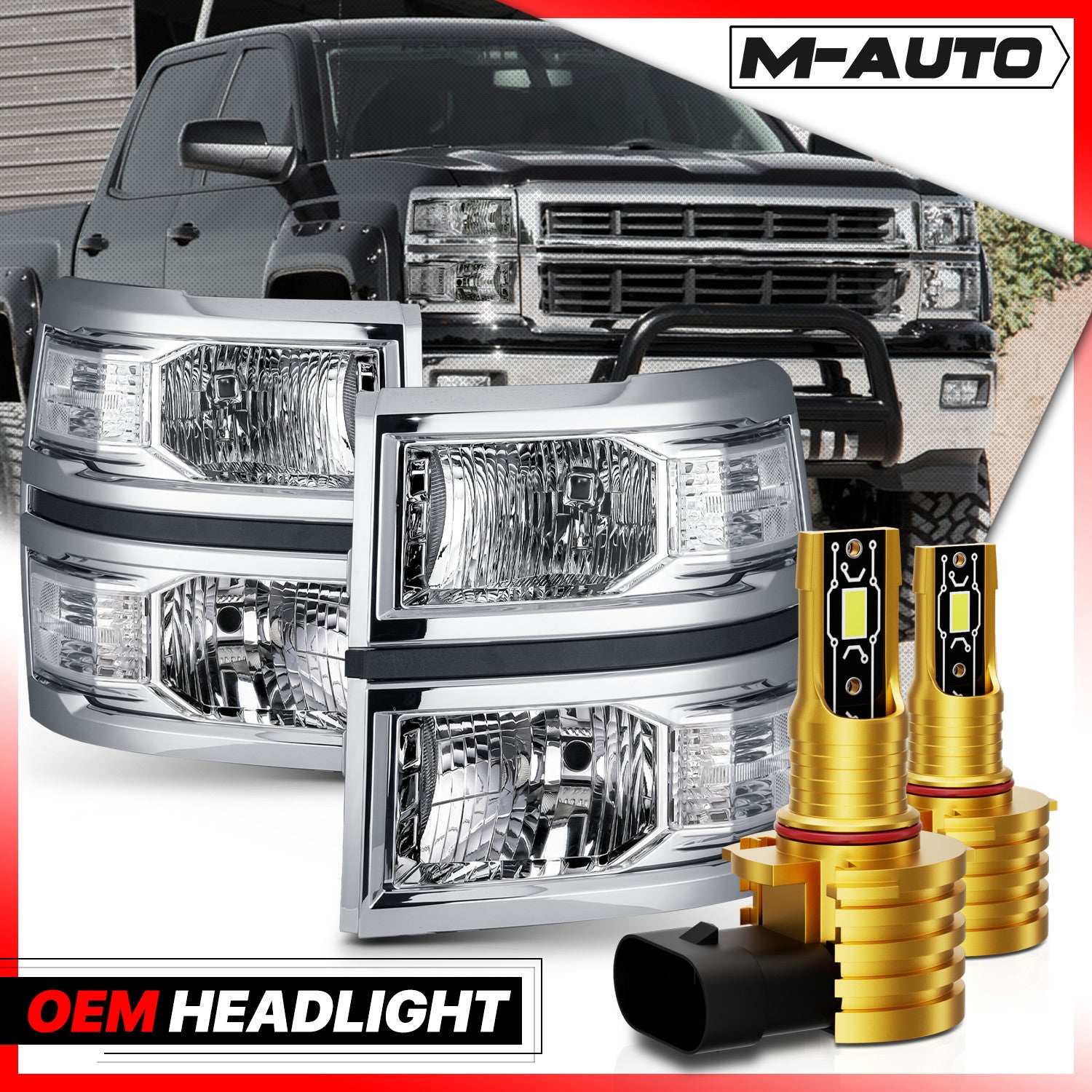 Clear Chrome Headlight & 6500K LED for 14-15 Silverado
