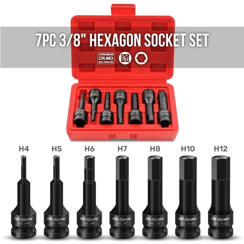 3/8"dr. Cr-mo 60mmh Deep Impact Hex Allen Socket Bits Set: H4-h12mm