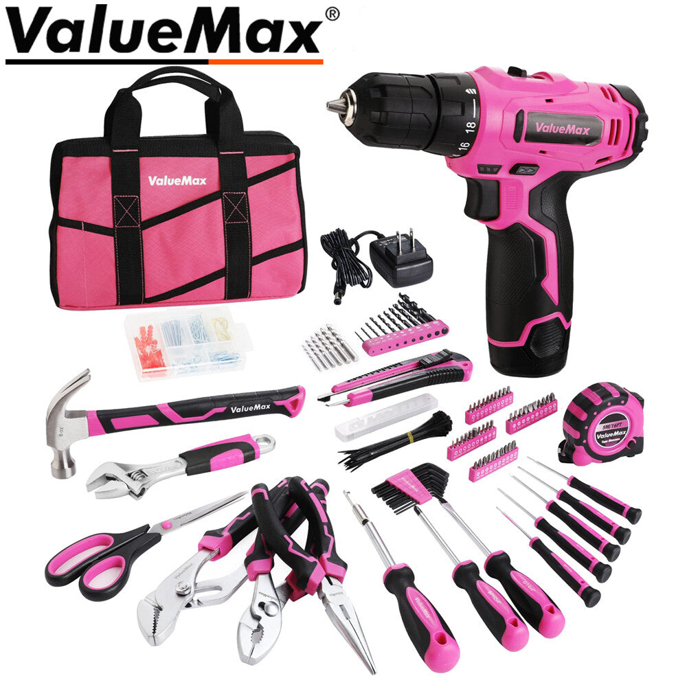 ValueMax 233PC Home Tool Kit Pink Tool Set Cordless Drill Tool w/Basic