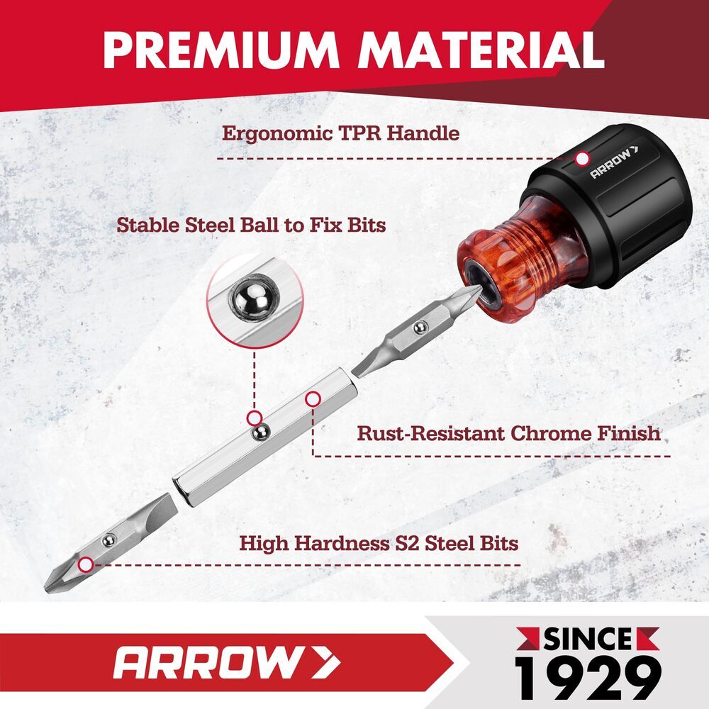 ARROW 5-in-1 Stubby Screwdriver Premium S2 Steel with Phillips Hex Socket USA