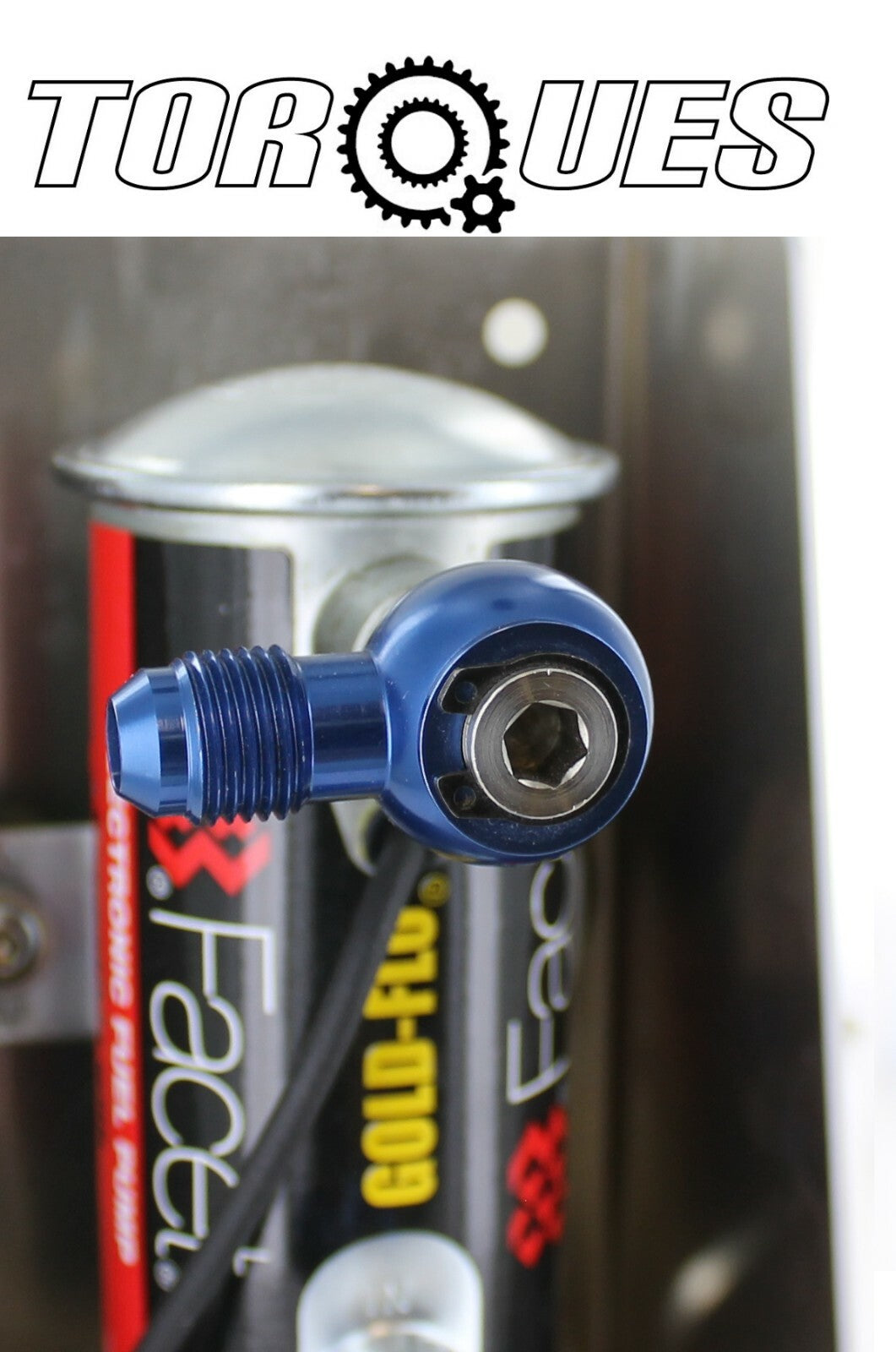 An -6 (jic6) to 1/4" Npt Banjo Assembly for Facet Red / Blue Top Fuel