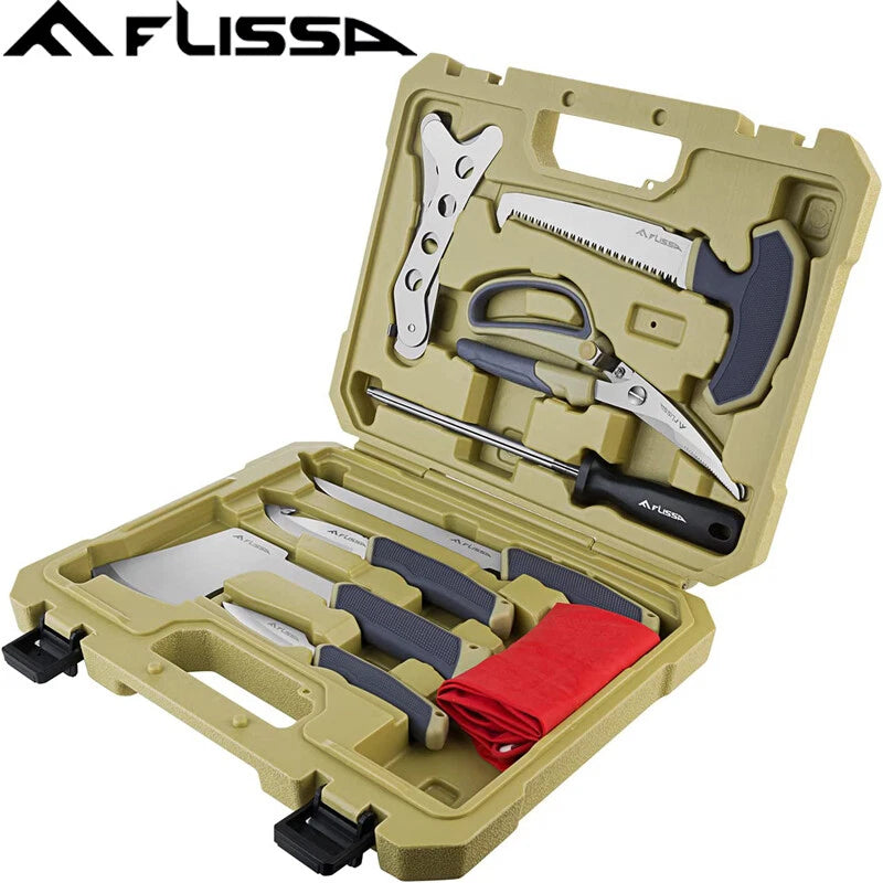 FLISSA 10PCS Hunting Knife Sets Hunting Field Dressing Kit Skinning Knife W/CASE