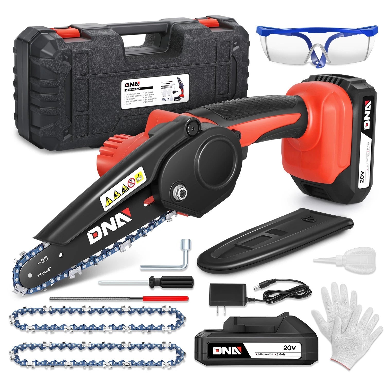 20V Cordless Rechargeable Red Mini Chain Saw Set W/ 6" Chainsaw 2