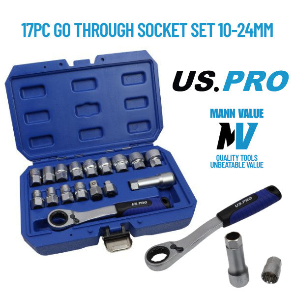 US PRO Socket Set Metric Go-thru 17 Pc 3/8 1/2 Adaptors Ratchet 7559 G