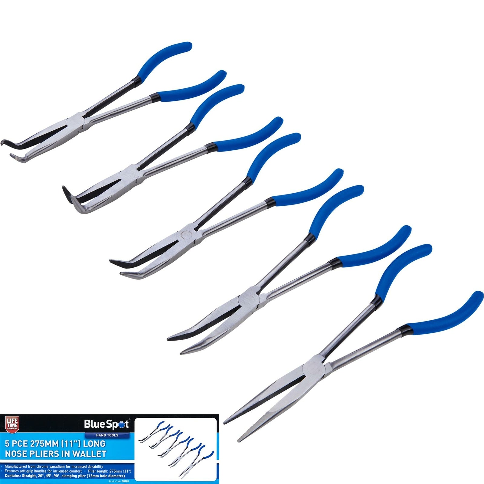 BlueSpot 5pc Extra Long Nose Pliers Set - Straight & Bent Nose by BlueSpot