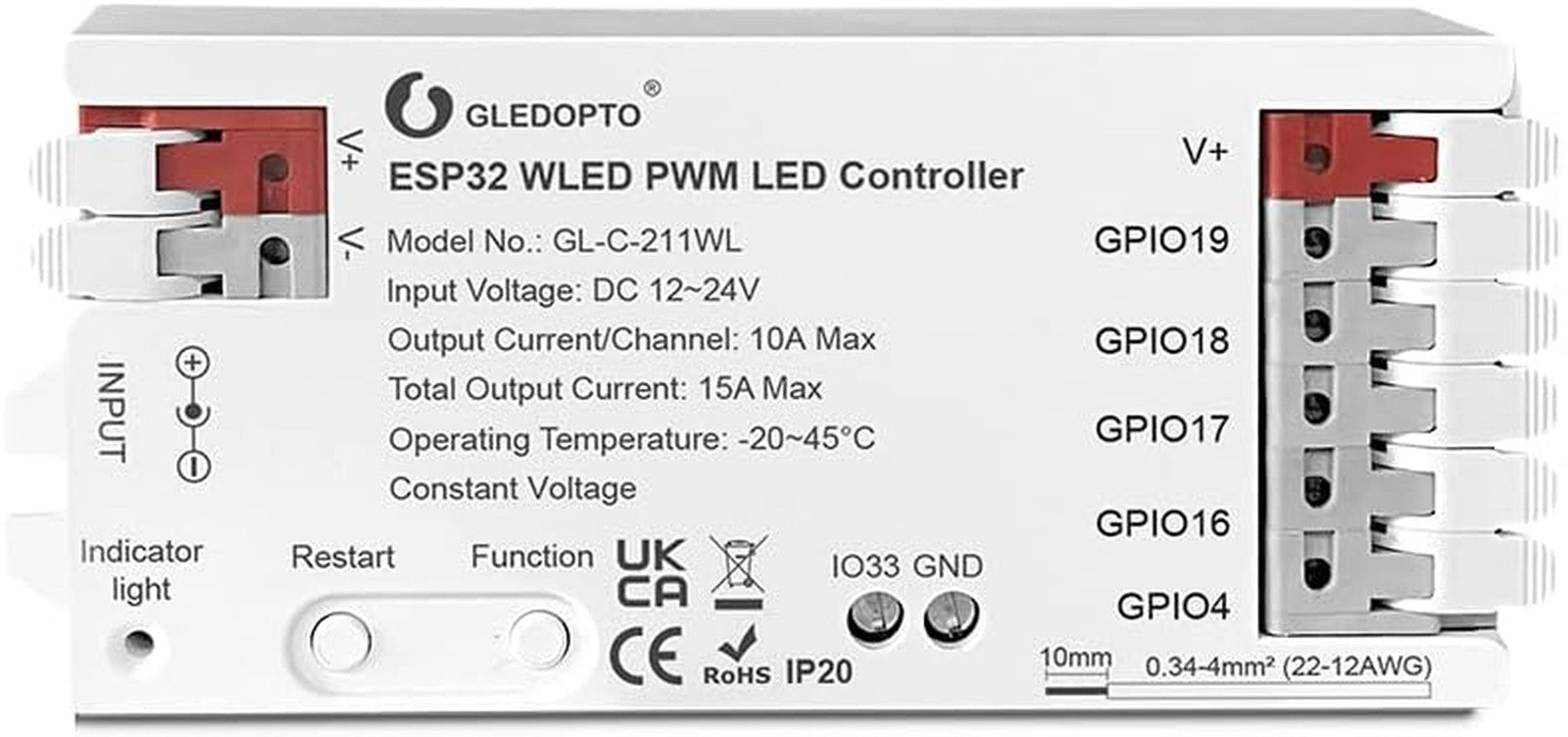 GLEDOPTO ESP32 PWM WLED LED Controller 5 Modes in 1 DC 12-24V Wifi