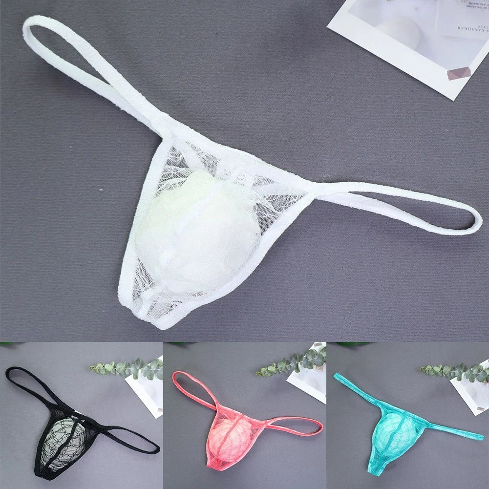 Mens Elastic Lace Thong Underwear Low Waist Pouch Briefs Classic Style