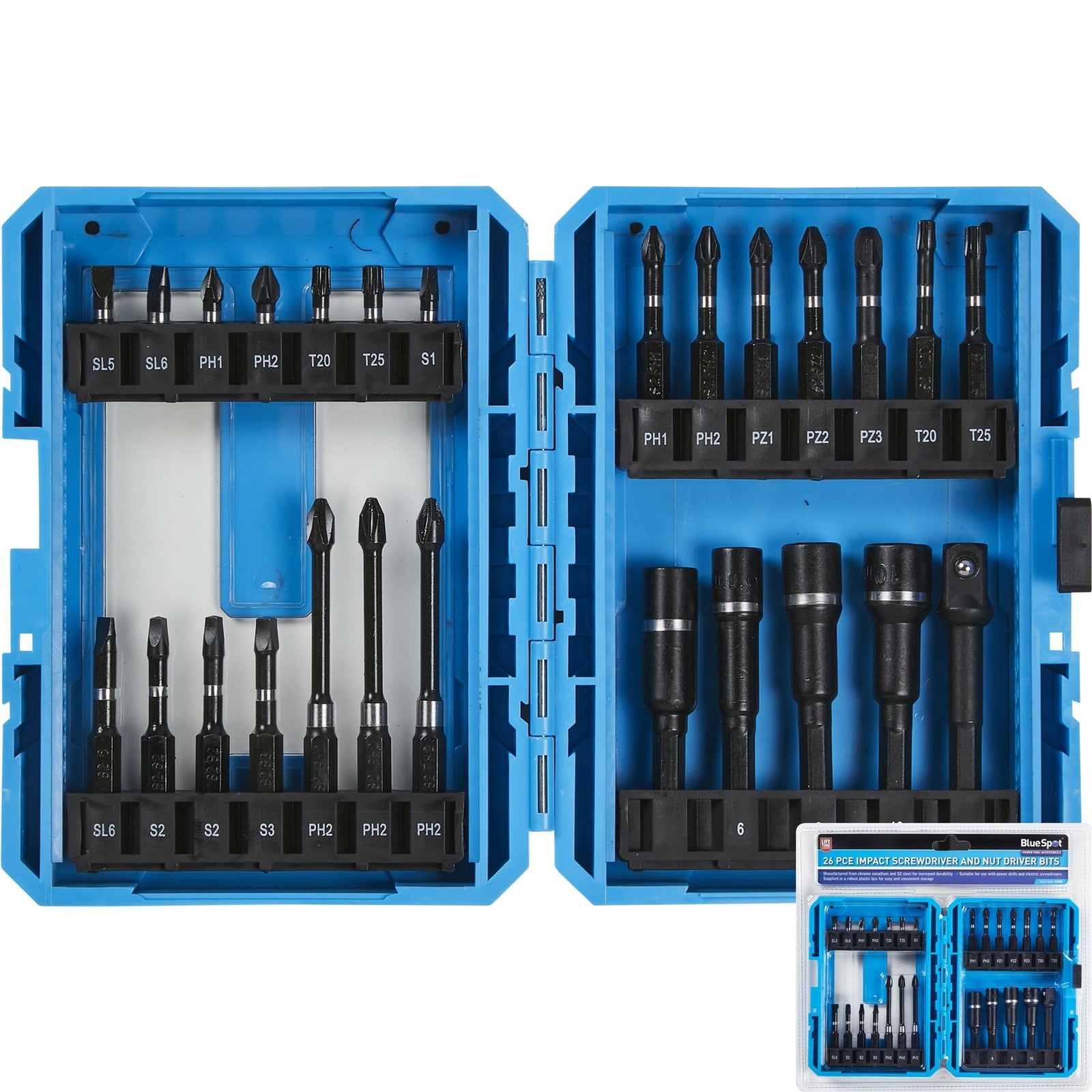 Bluespot 26pc Adaptor Impact Bit Holder Socket Set Drill Nut Driver Screwdriver 