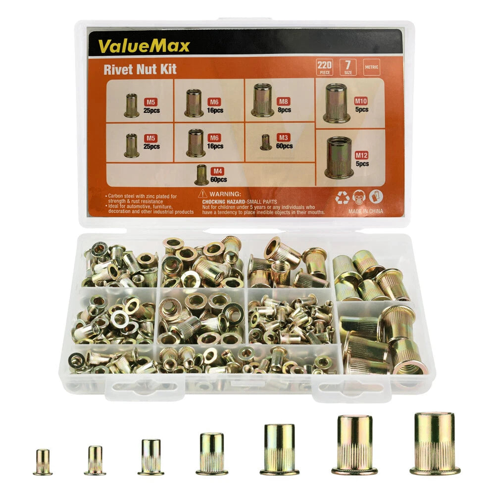 Valuemax Metric Rivet Nuts Flat Head Threaded Insert Nut W/7 Sizes