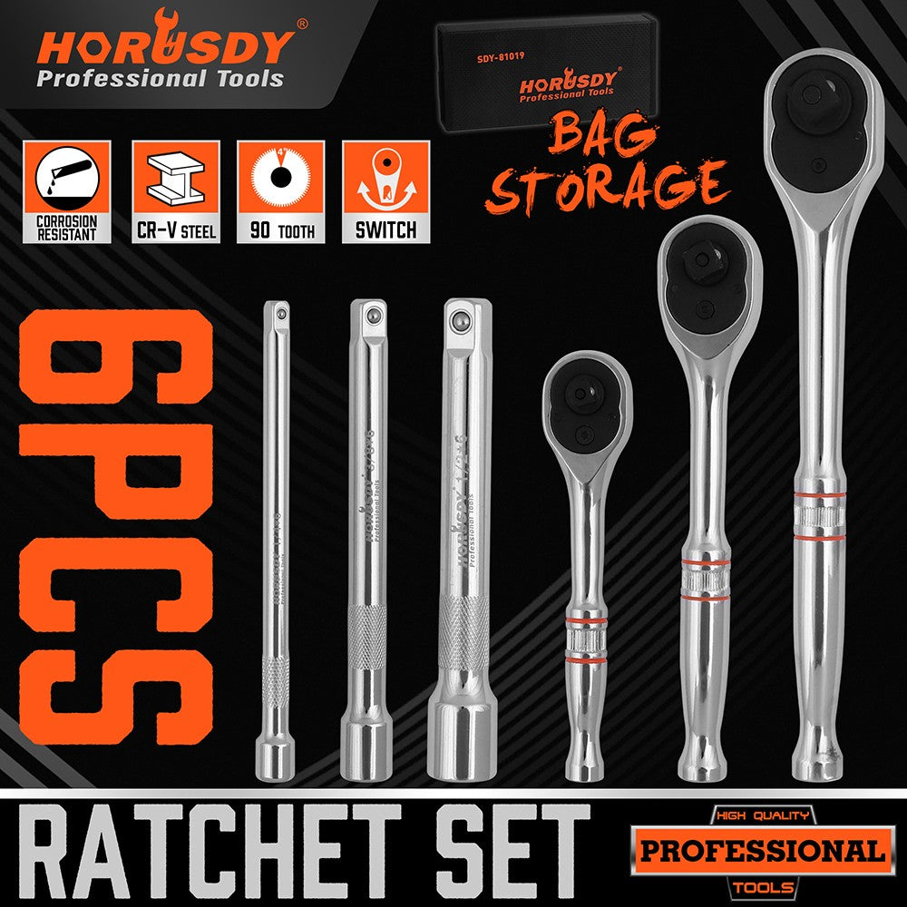 6PC 1/4" 3/8" 1/2" Drive Ratchet Socket Wrench Handle Extension Bar 90