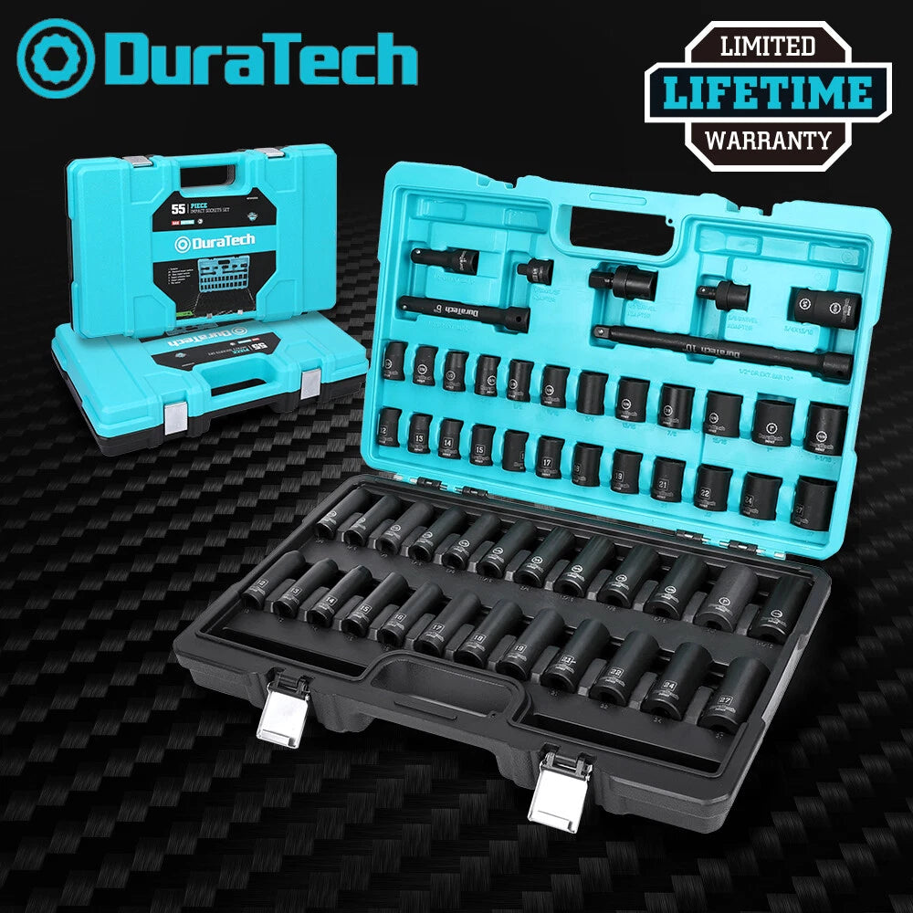Duratech 55-pieces 1/2" Impact Socket Set 6 Point Deep Impact Sockets