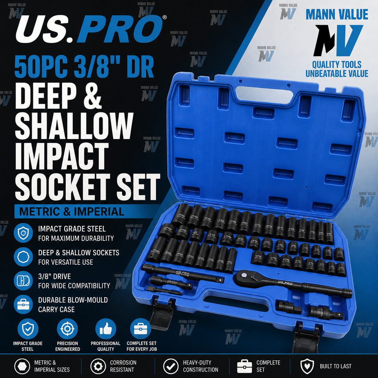 US PRO 50pc Socket Set Metric & Imperial Sizes