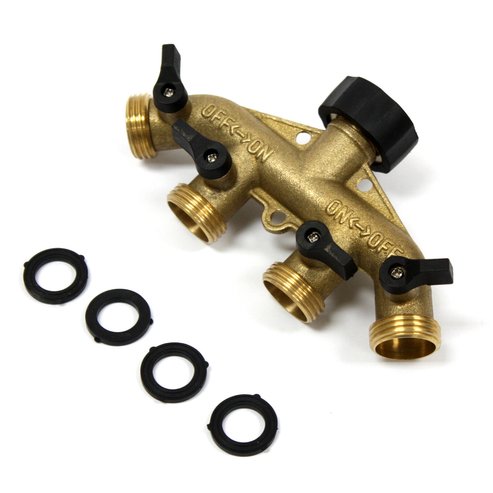 4 Way Brass 3/4" Garden Hose Splitter Pipe Tap Faucet Adapter w/ Shut Off Valves
