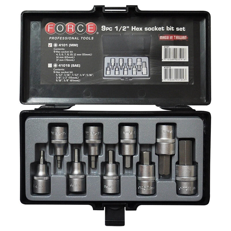 Force 4101 1/2" Dr. Hex Socket Bits H4-17mm Metric / 5/32-5/8"