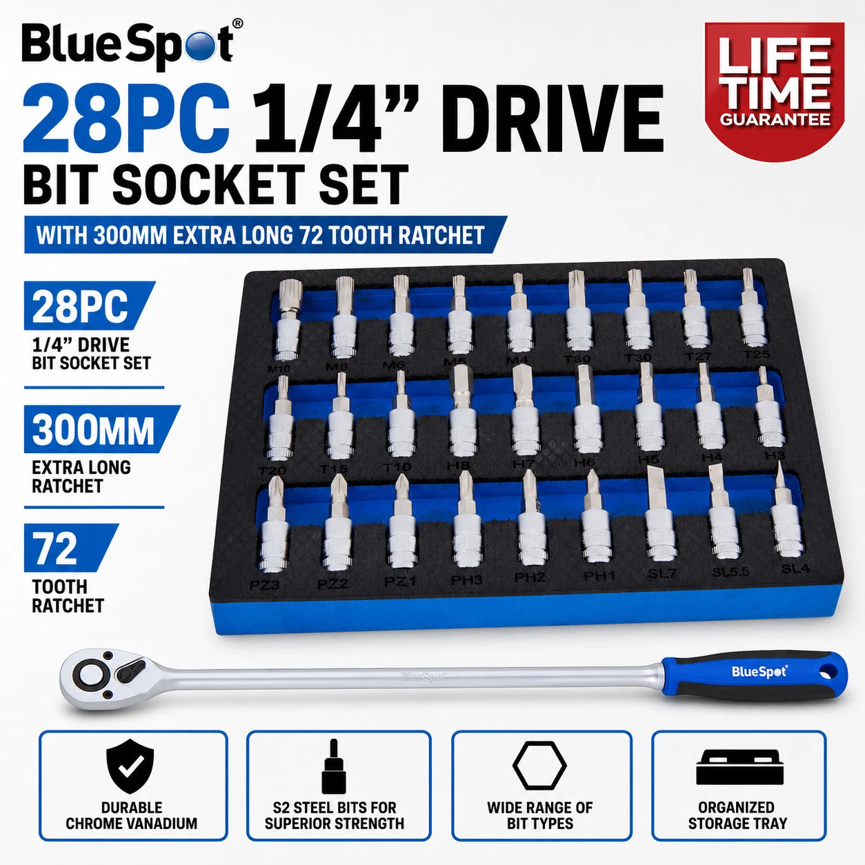 Bluespot 1/4 Drive Bit Socket Set With 300mm Extra Long 72 Tooth