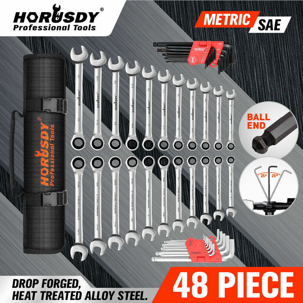 48Pcs Ratchet Spanner & Hex Wrench Set Ball End Allen Key SAE Metric