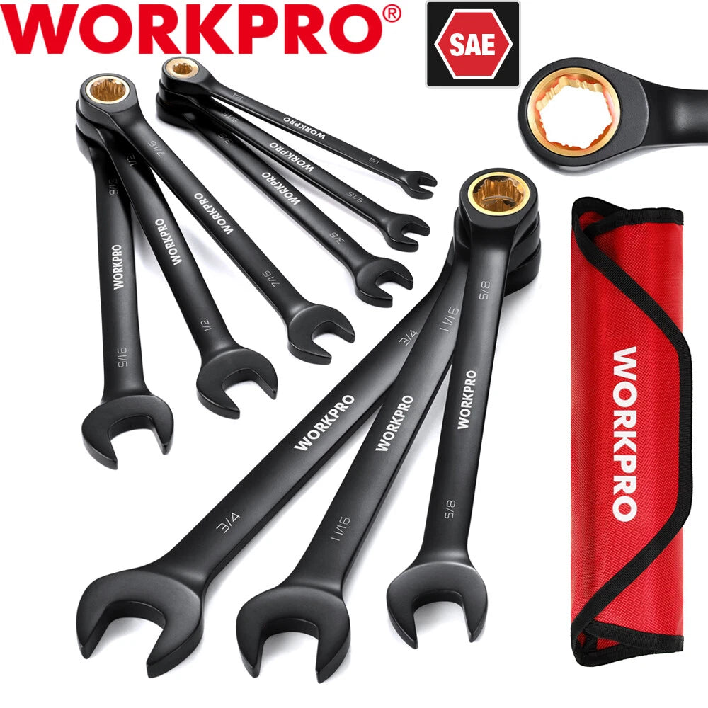 WORKPRO 9PCS Ratcheting Combination Wrench Sets Anti-Slip 1/4"-3/4" SAE 72-Teeth