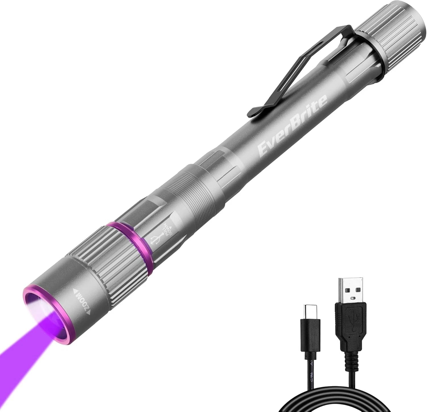 EverBrite Rechargeable LED Pen Flashlight 395nm Black Flashlights UV White Light