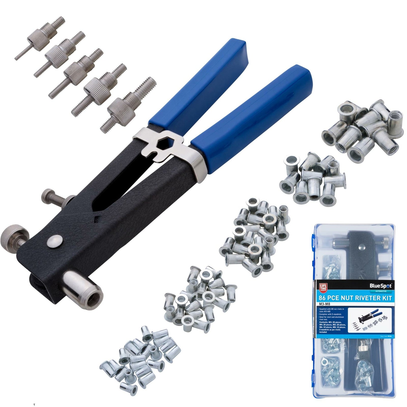 BlueSpot 86pc Threaded Rivet Nut Setting Insert Riveting Gun Rivnut Tool M3 - M8 by BlueSpot