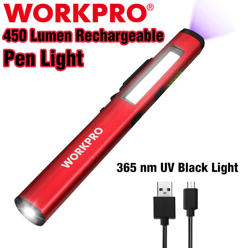 WORKPRO 450 Lumen LED Pocket Flashlight USB Rechargable Pen Light UV