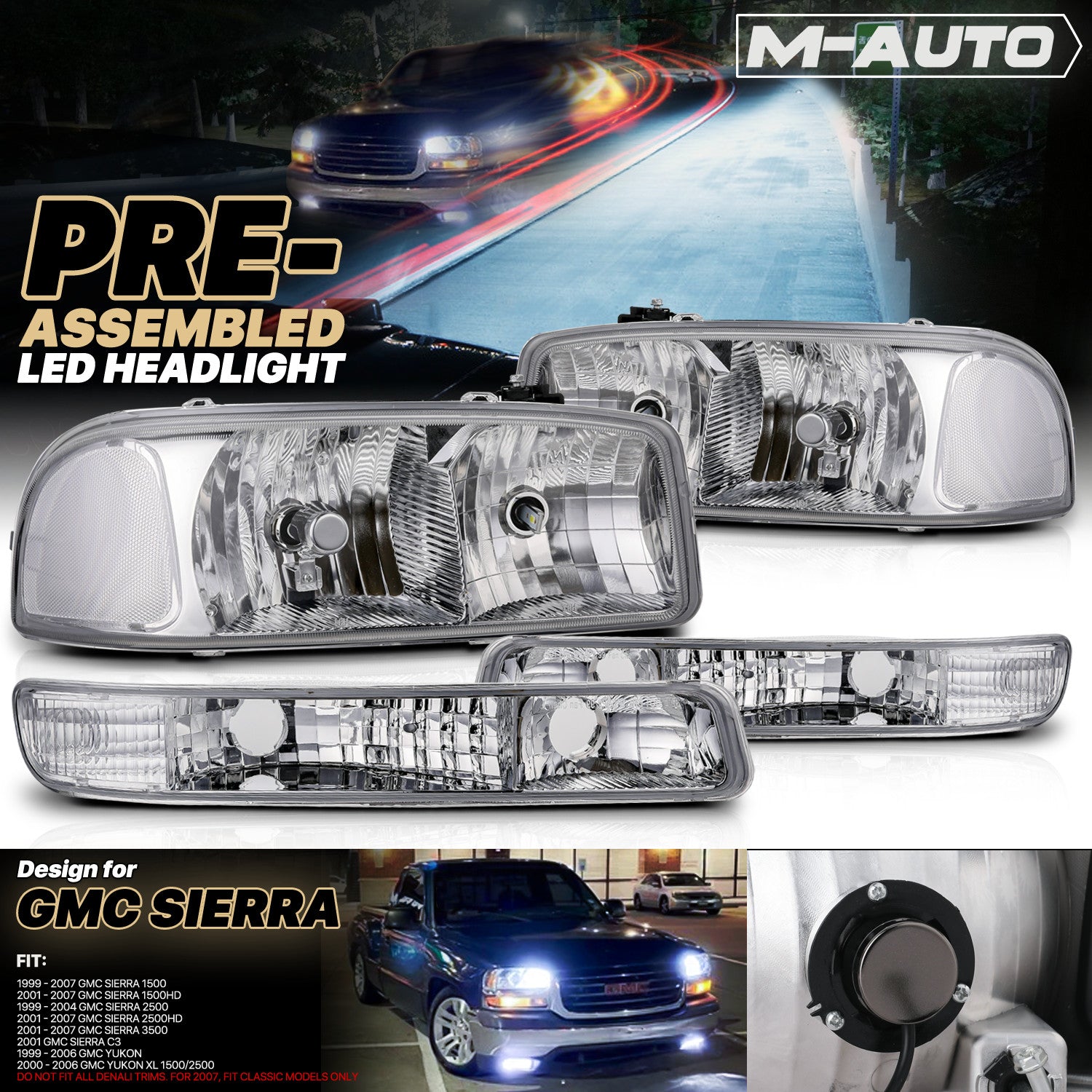 4PCS LH+RHChrome Headlight+Bumper w/6000K LED Bulb for