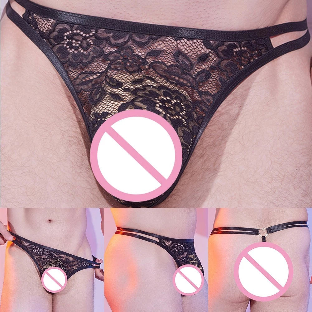 Black Men Thong Underwear - Hollow Out Lace Transparent Pouch Style