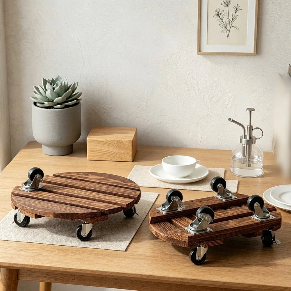 Mobile Wooden Plant For Stand With Circular Design For Living Room Or