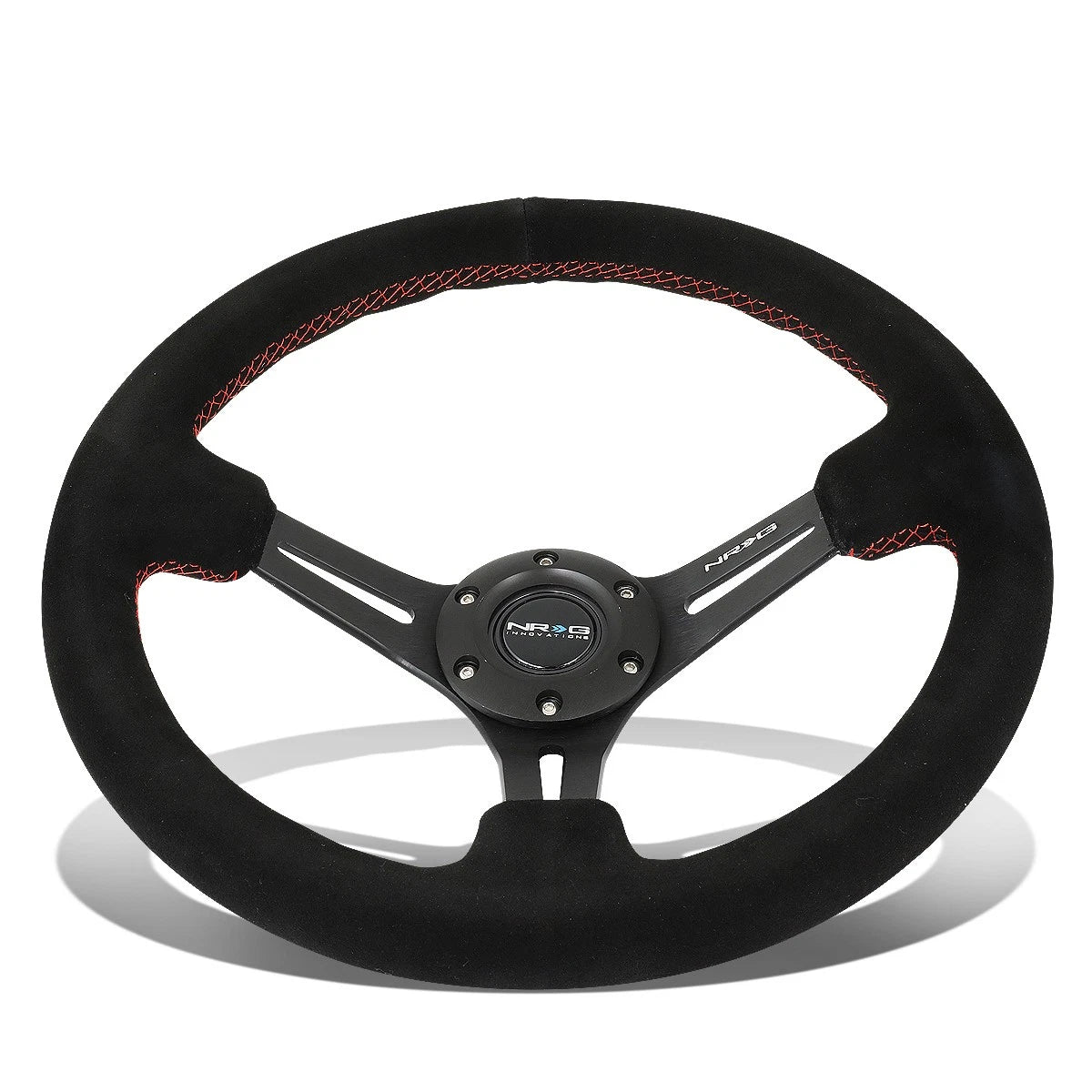 Nrg Reinforced 350mm 3" Deep Red Stitch Suede Grip Steering Wheel