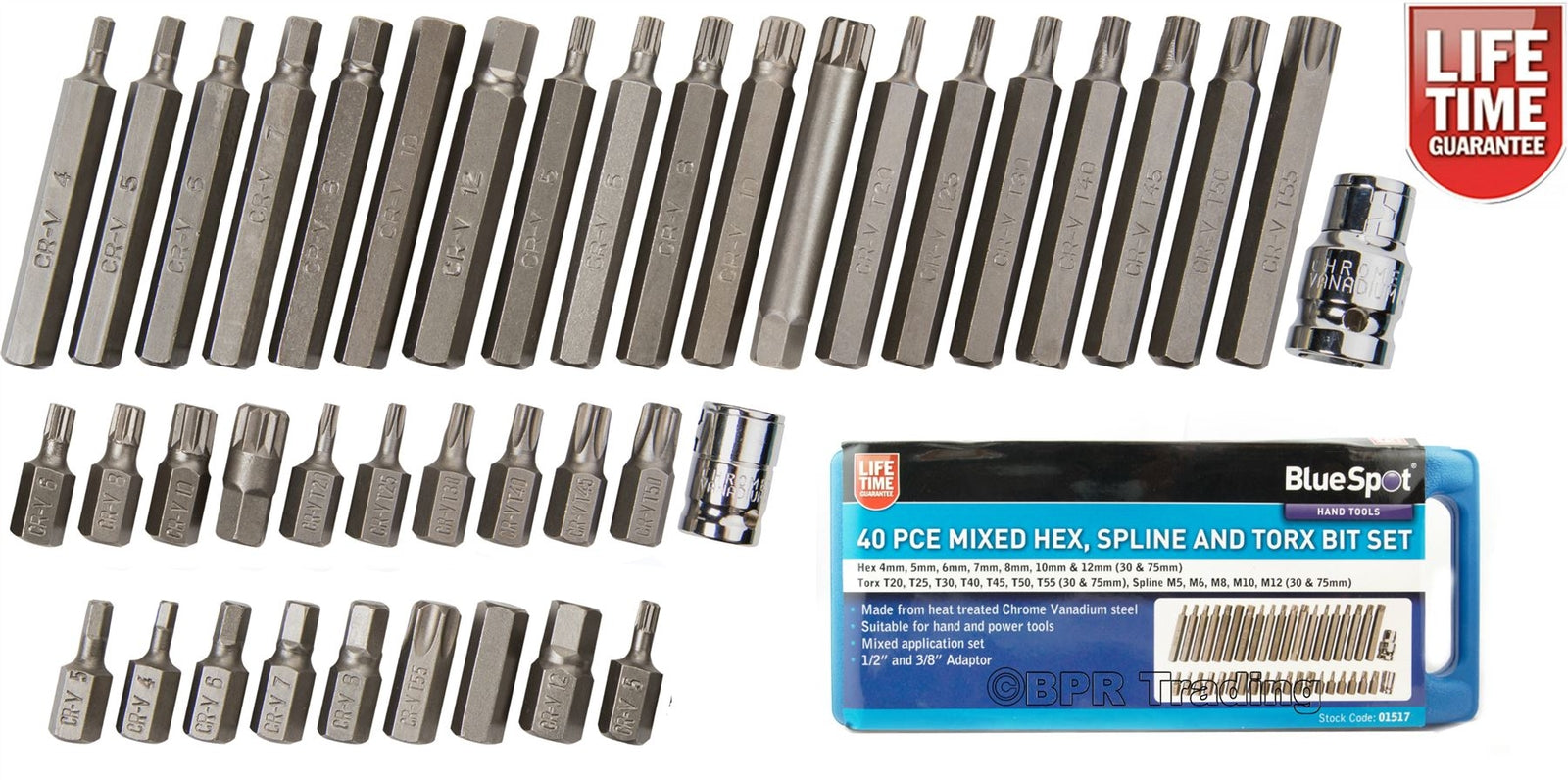 Bluespot 40 Pc Torx Star Spline Hex Socket Bit Set 3/8 & 1/2in Drive by Bluespot